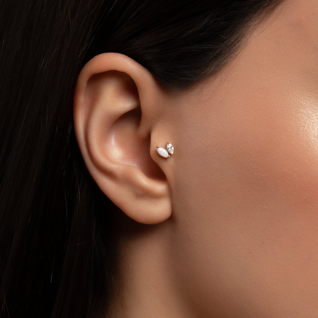 İkili Markiz Kesim Opalit ve Zirkon Taşlı Altın Tragus Piercing / TR