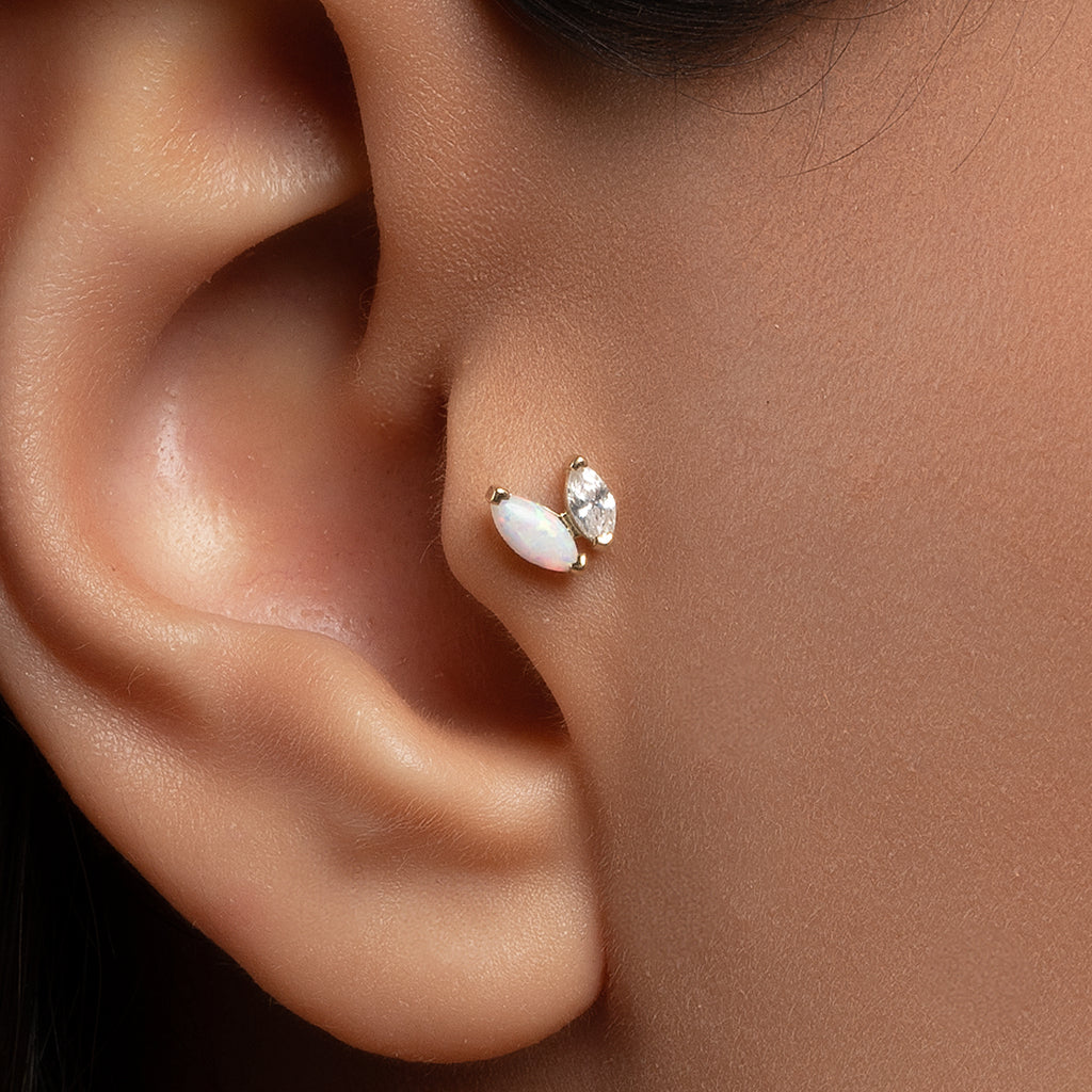 İkili Markiz Kesim Opalit ve Zirkon Taşlı Altın Tragus Piercing / TR