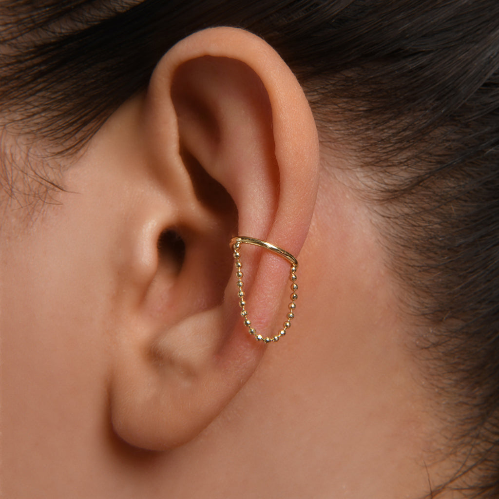 Toplu Sıkıştırmalı Dorika Sallantılı Altın Halka Earcuff / 14 Ayar Sarı Altın